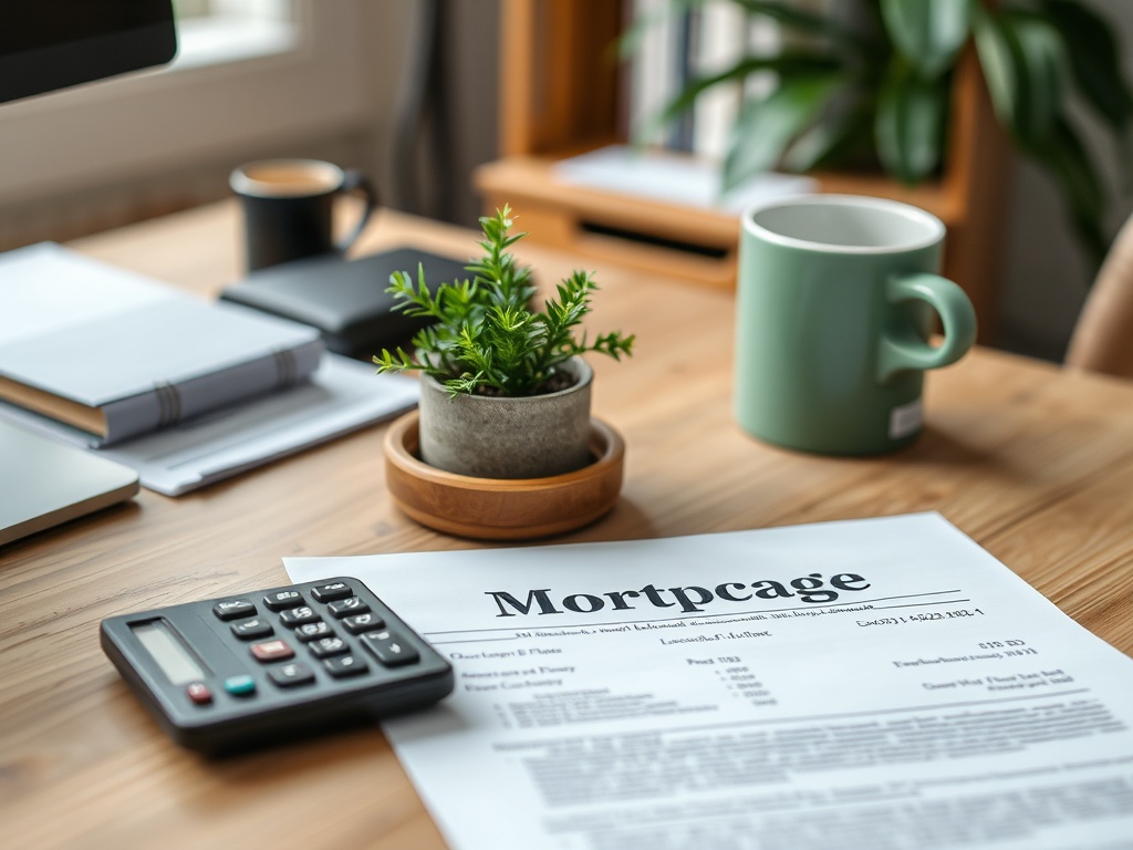 На столе лежит документ с заголовком «Ипотека», рядом калькулятор, чашка и горшок с растением.