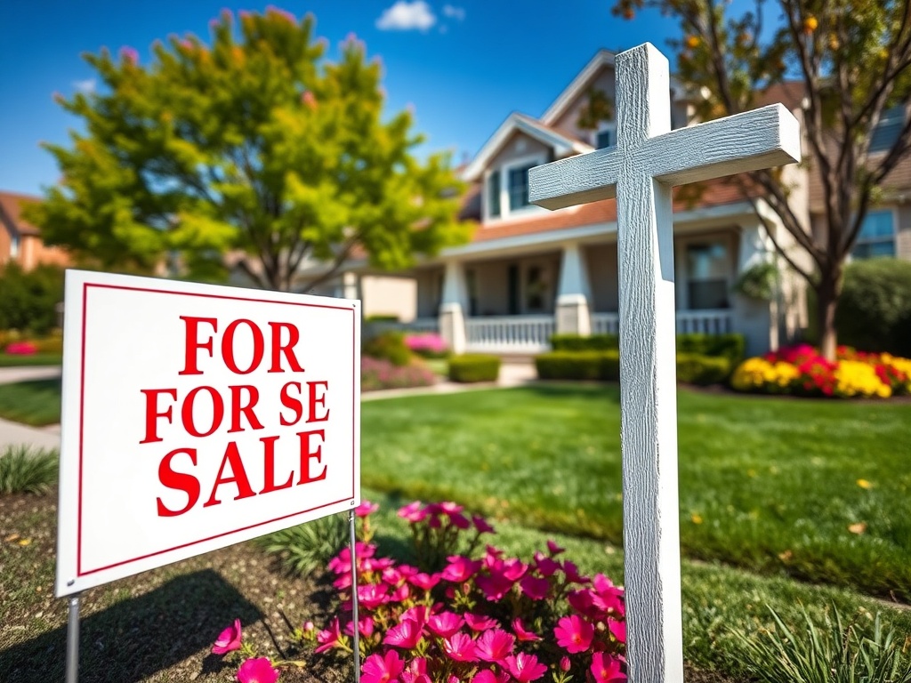 Знак "На продажу" перед домом с яркими цветами и зелёным газоном, солнечный день.