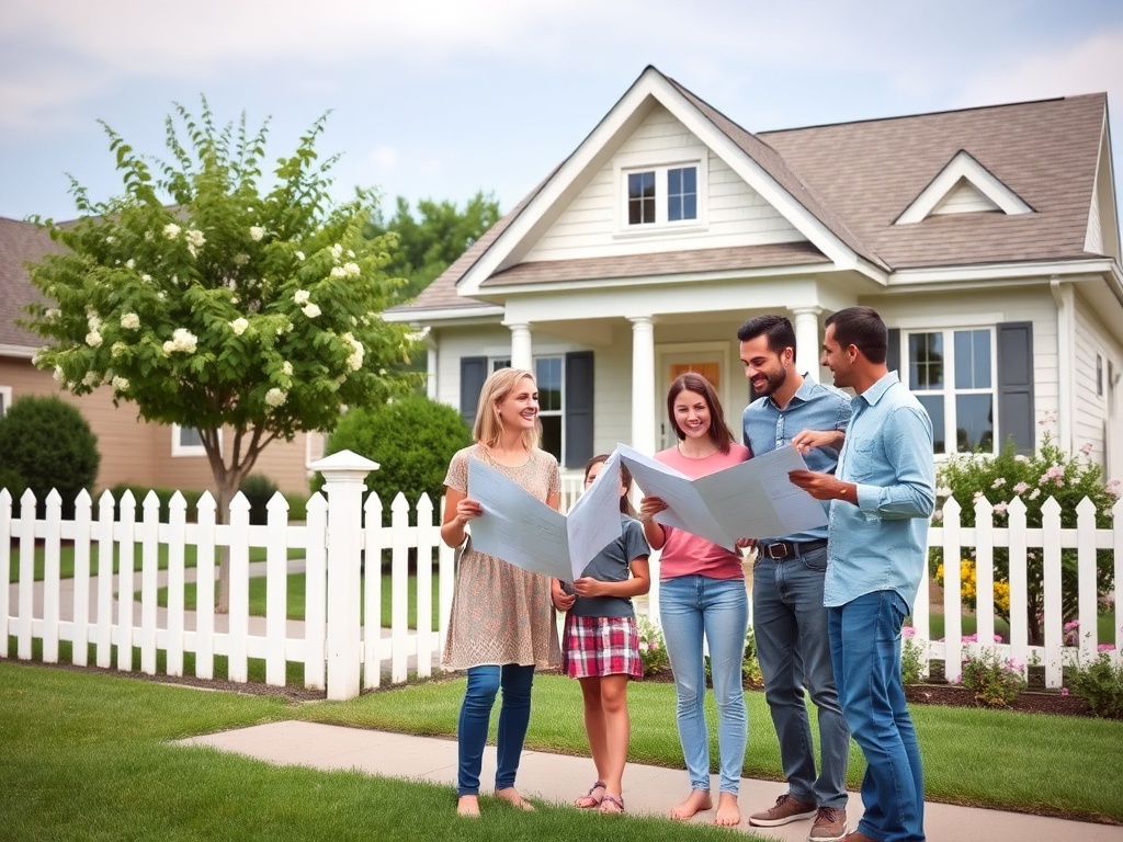 Четыре человека обсуждают планы у дома, держа в руках документы, с улыбками на лицах.