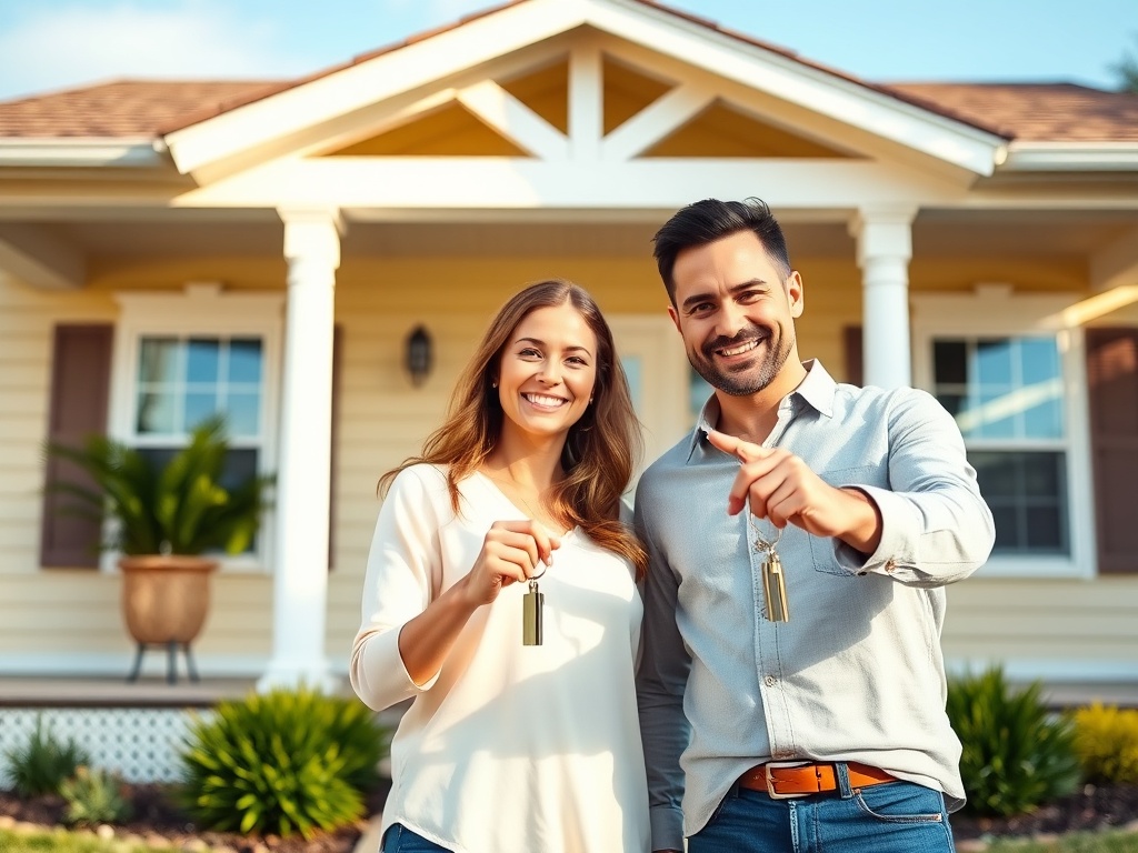 Счастливая пара держит ключи от нового дома на фоне здания. Улыбаются и показывают на камеру.