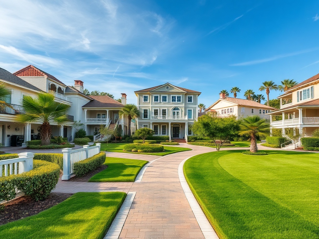 Элегантные дома с зелеными газонами и пальмами под ясным голубым небом. Уютная прогулочная дорожка.