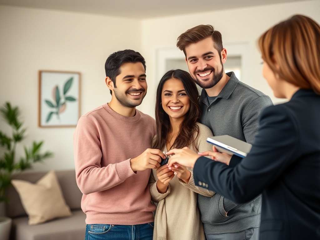 Счастливая пара получает ключи от нового дома от агента по недвижимости. Радостные эмоции в воздухе.