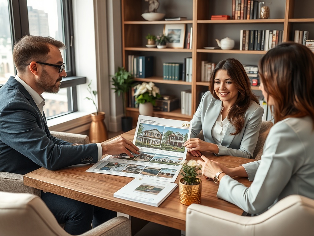 На встрече обсуждают проекты домов, просматривая материалы и общаясь. Стильный офис с книжными полками.