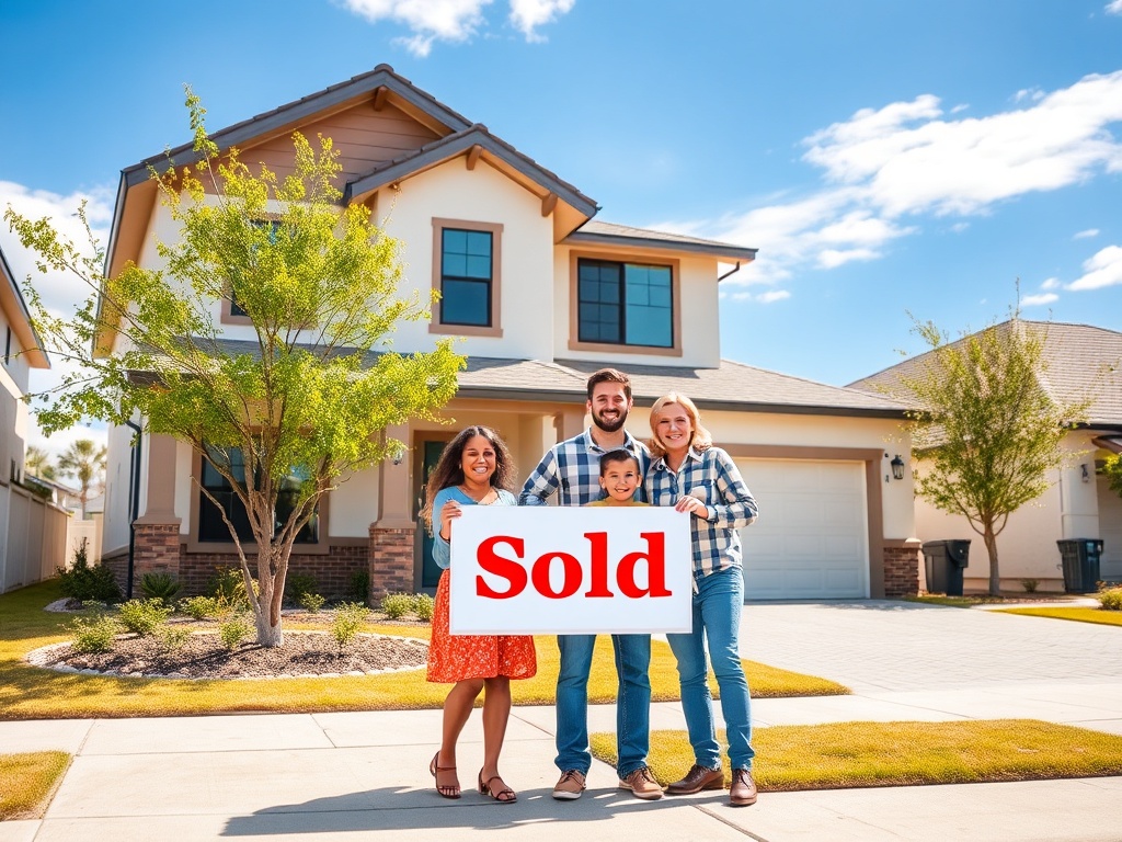 Семья стоит перед домом с таблом "Продано". Солнечный день, зелёные деревья и голубое небо.