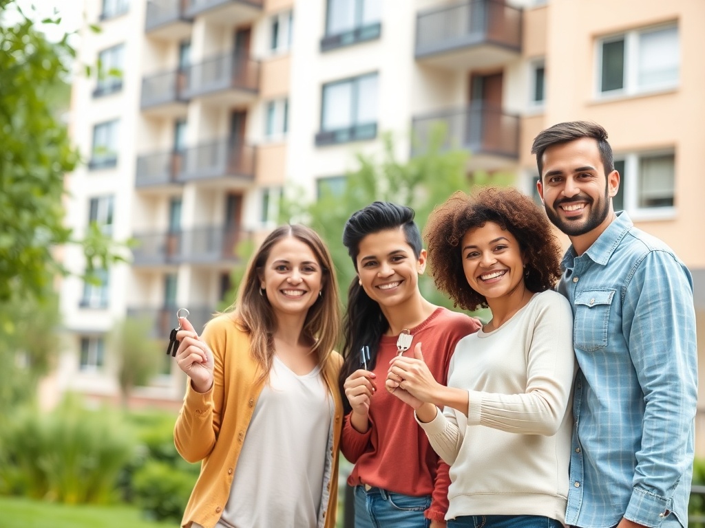 Четыре человека радуются, держа ключи, на фоне жилого комплекса. Улыбки и позитивная атмосфера.