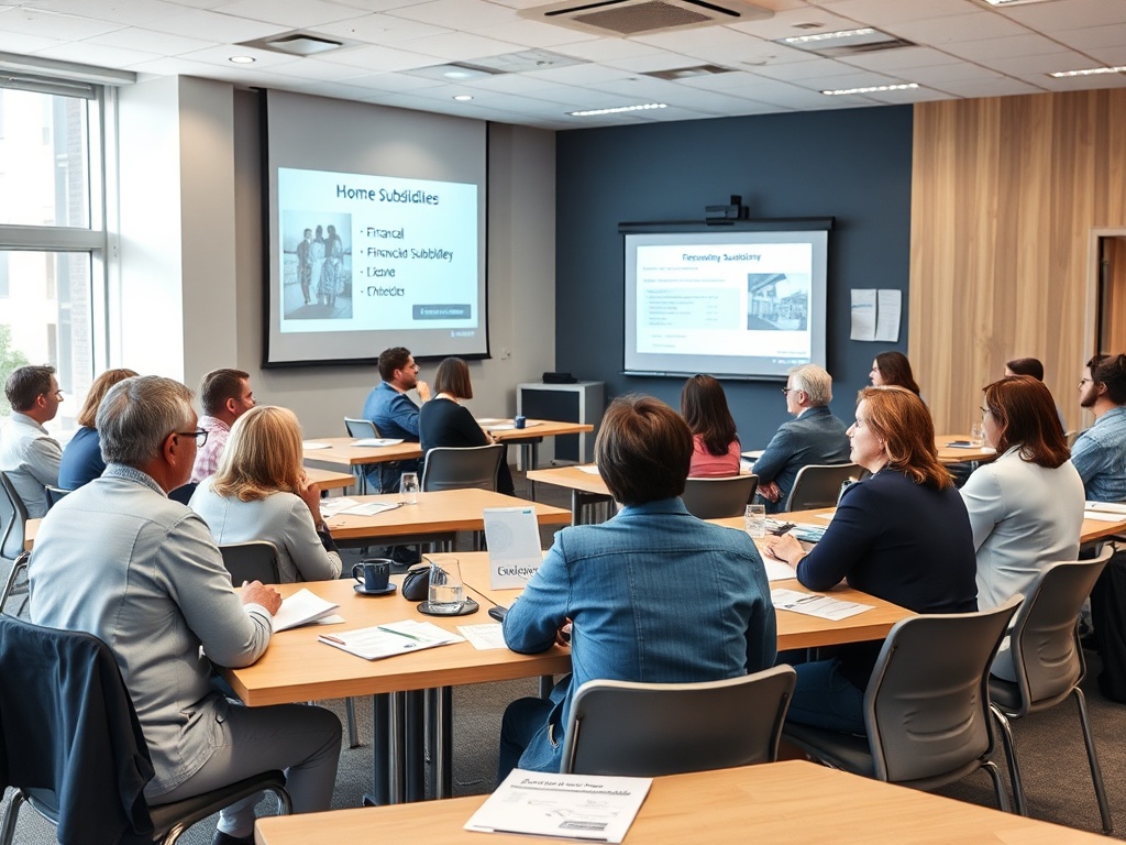 Группа людей на семинаре, слушает презентацию на экране в современном офисном помещении.