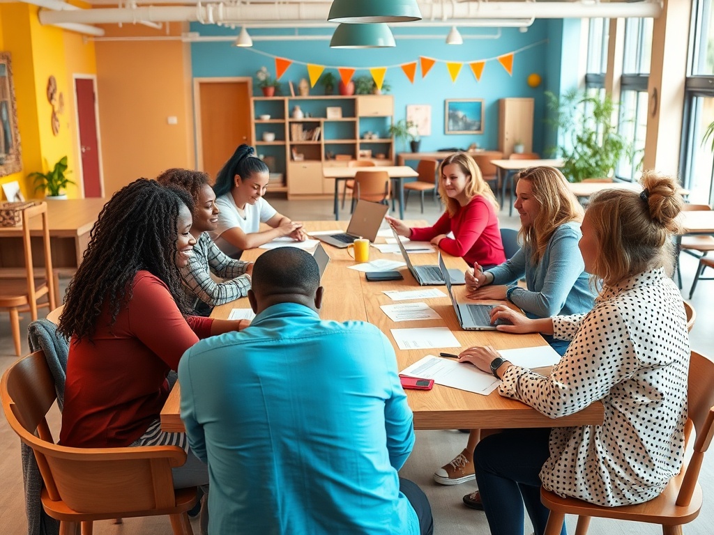Группа людей на совещании за столом, работают с ноутбуками и обсуждают идеи в ярком офисе.