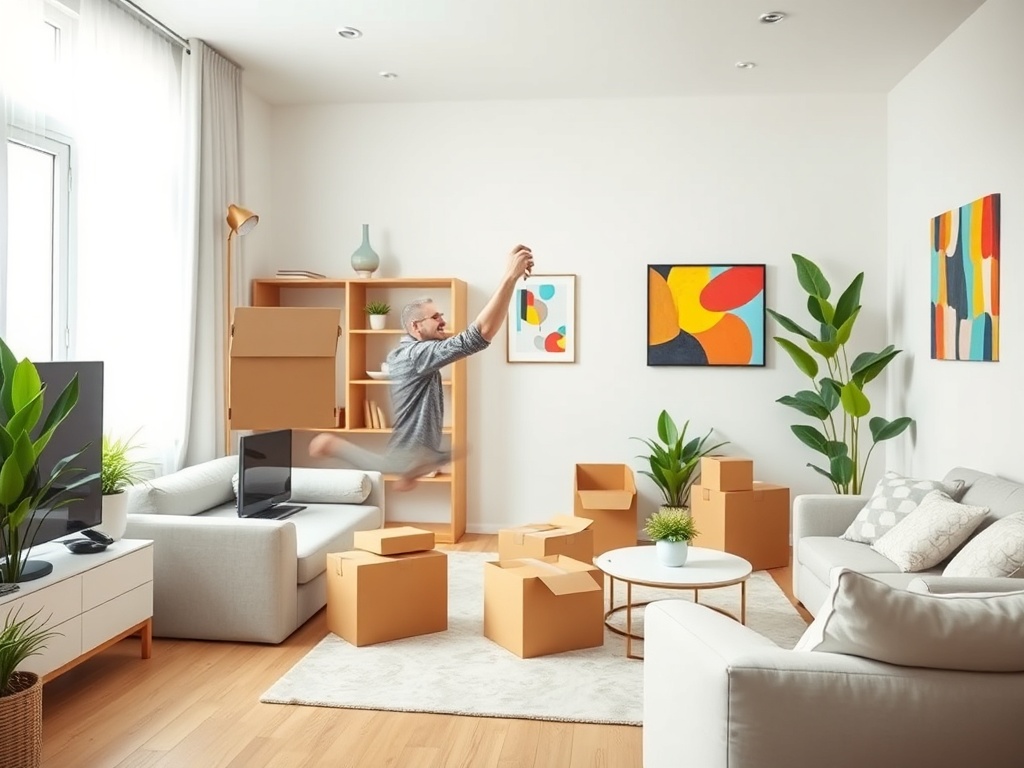 Человек в светлой комнате радостно прыгает среди коробок и растений, окружённый яркими картинами на стенах.