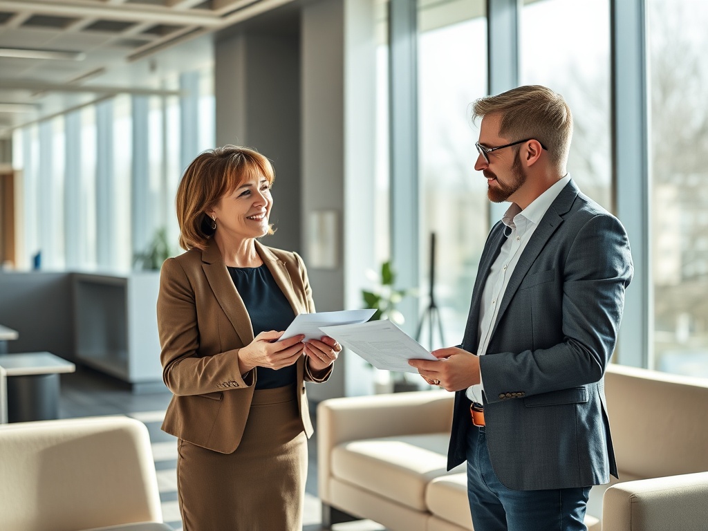 Два деловых человека обсуждают документы в современном офисе с большими окнами и стильной мебелью.